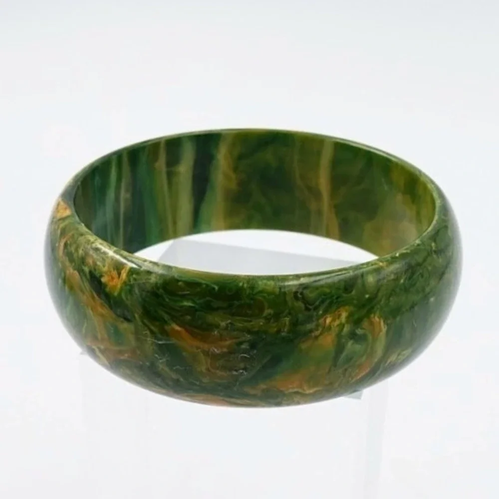 Vintage Bakelite Green Yellow Marbled Bangle Bracelet Tested